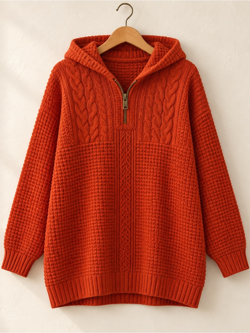 CJ Banks Orange Cable Knit Hooded Half Zip Sweater 1X